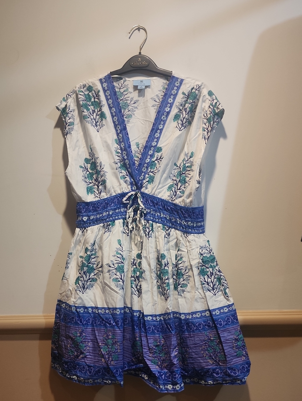 CeCe White Dress with Blue, Purple & Teal Floral Trim